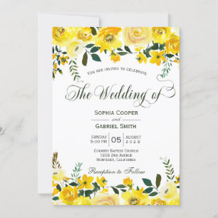Zomgeel rozenroos floral hand met briefing bruilof kaart