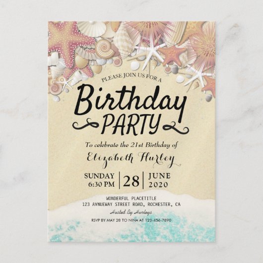 Zomstrand van Birthday bij Staarschelpen Uitnodiging Briefkaart (Voorkant)