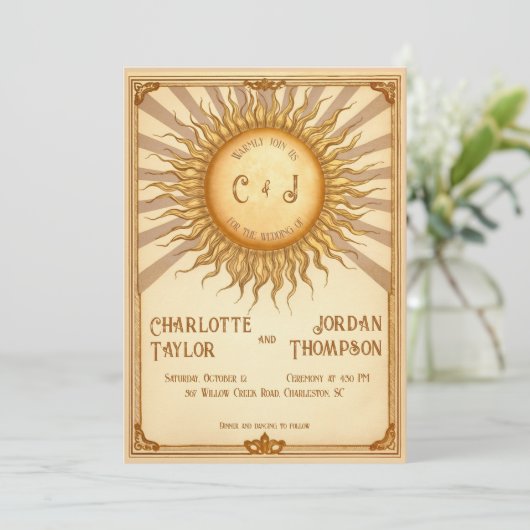 zon bruiloft uitnodiging in warme tinten (Staand voorkant)