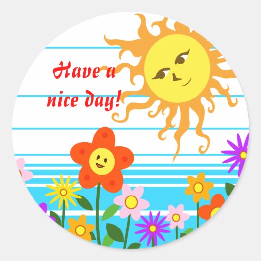 Zon en bloemen ronde sticker (Voorkant)