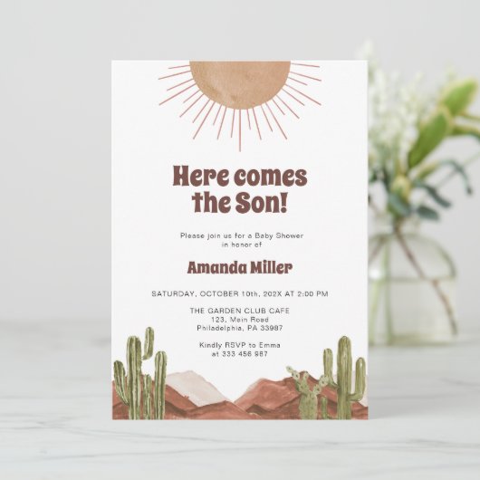 Zon en cactus Baby shower Save The Date (Staand voorkant)