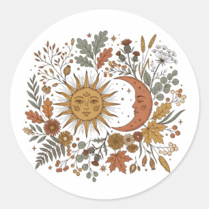 Zon en Halve Maan Botanische Herfst Hoodie Ronde Sticker
