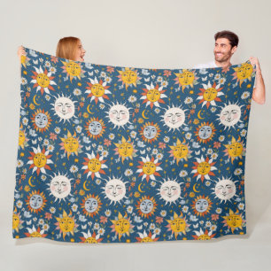 Zon en Maan Bloemmotief in Blauw en Geel Fleece Deken