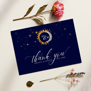 Zon en Maan Elegant Monogram Marine Blauw Bedankkaart