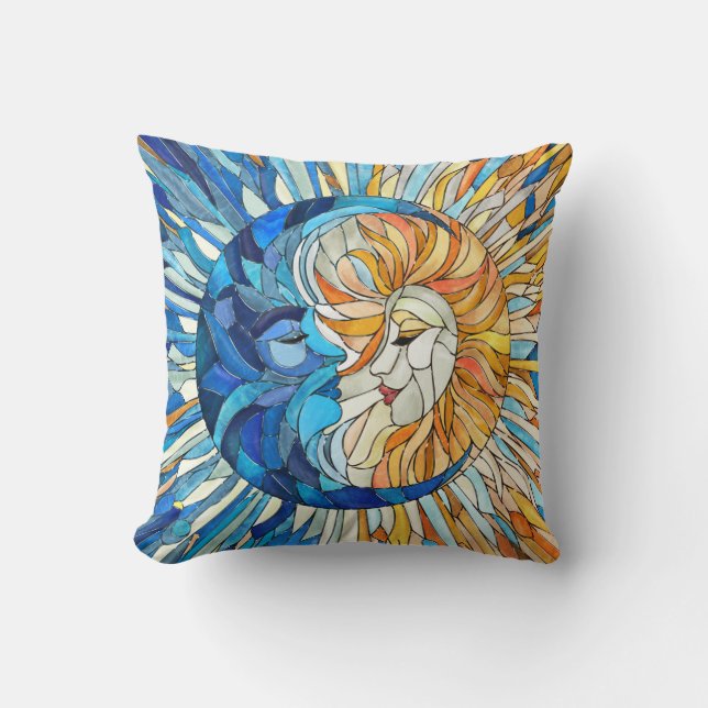 Zon en Maan Mozaïek Kunst Kussen (Voorkant)