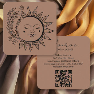 Zon Florale Boho Lijn Kunst Elegante QR Code Mocha Vierkante Visitekaartje