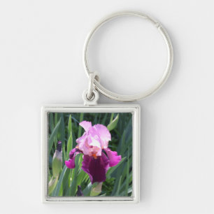 Zon gekuste roze iris bloem sleutelhanger