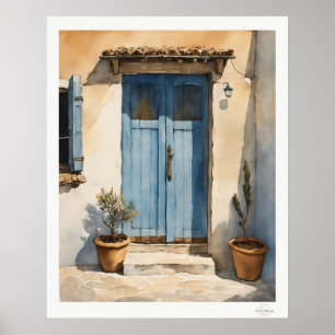 Zon-Gewassen Blauwe Dorpsdeur Olie Schilderij Poster