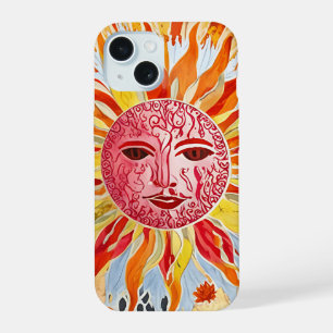 Zon Gezicht Collage Kunst - Levendig en Warm Ontwe iPhone 15 Hoesje