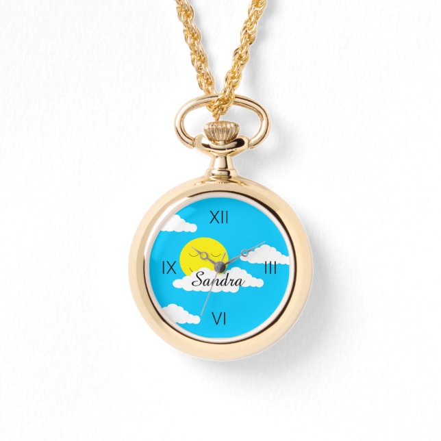 Zon glimlachen met Puffy Clouds Horloge (Voorkant)