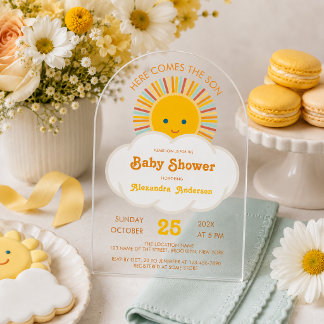 Zon Jongen Baby Shower Hier Komt de Zoon Wolk Scha Acryl Uitnodigingen