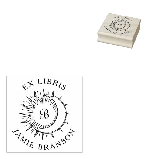  Zon & Maan Initiaal Ronde Ex Libris Boek Rubberstempel (Gestempeld)