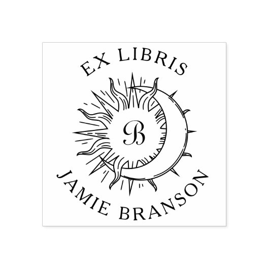 Zon & Maan Initiaal Ronde Ex Libris Boek Rubberstempel (Afrduk)
