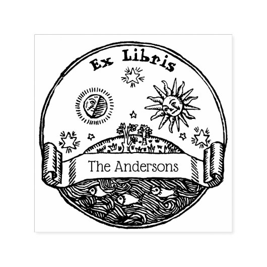  Zon Maan Sterren Ocean Earth Ex Libris Zelfinktende Stempel (Design)