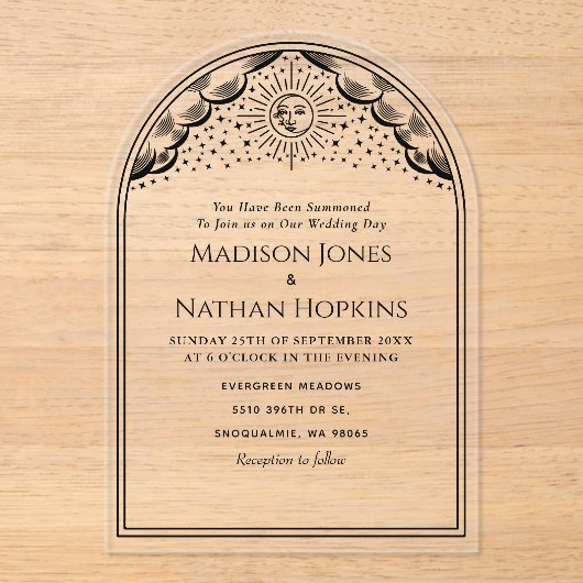  zon maan tarot Kaart boog bruiloft Acryl Uitnodigingen (Voorkant)