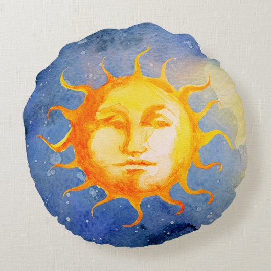 Zon Maan Waterverf Schattige Witchy Celestial Rond Kussen (Achterkant)