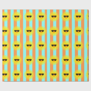 Zon met Donkere Zonnebril op Aqua & Oranje Strepen Cadeaupapier