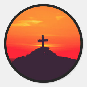 Zon op het kruis, mooie zonsondergang ronde sticker