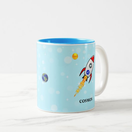 Zon, planeet, aarde en skyroet, lichtblauw tweekleurige koffiemok (Voorkant rechts)