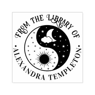 Zon Sikkel Maan Sterren Yin Yang Bibliotheek Boek  Zelfinktende Stempel