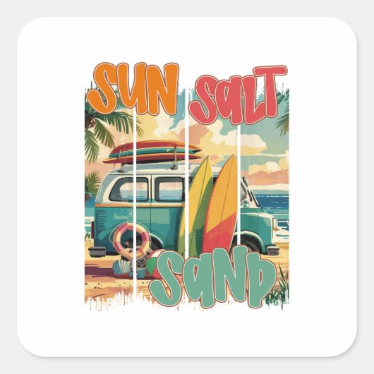 Zon, Zout, Zand – Retro Beach Vibes Vierkante Sticker (Voorkant)