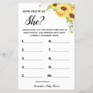 Zonbloemen Hoe oud was ze Baby shower Game-kaart? Flyer