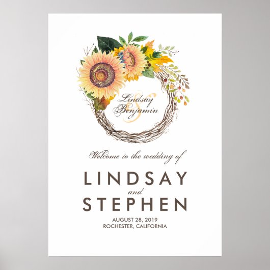 Zonbloemen Wreath Weddenschap Welkomstteken Poster (Voorkant)