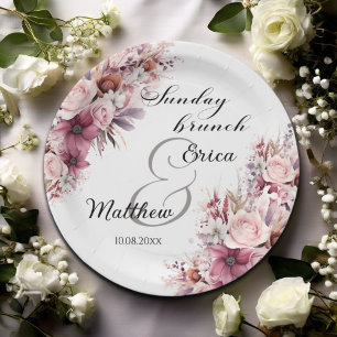 Zondag Brunch Stof Roze Boho Bloemen Bruiloft Papieren Bordje