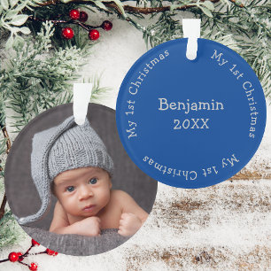 Zonen Eerste Kerstmis Foto Blauw en Zilveren Naam Ornament