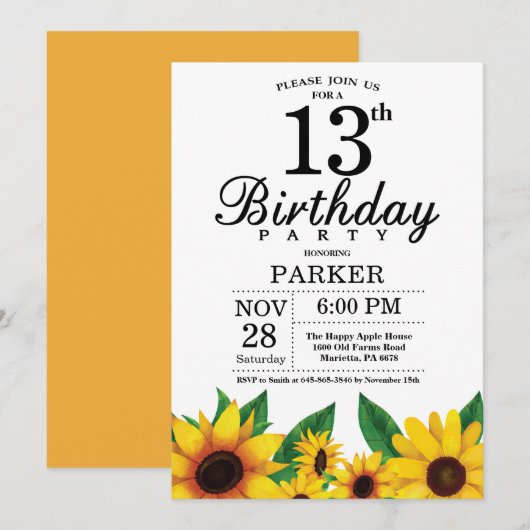 Zonnebloem 13th Birthday Invitation Kaart (Voorkant / Achterkant)