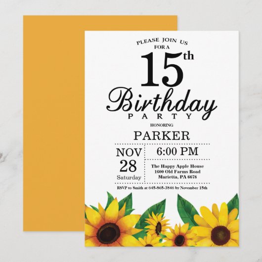 Zonnebloem 15th Birthday Invitation Kaart (Voorkant / Achterkant)
