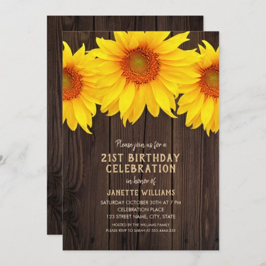Zonnebloem 21e Verjaardag Party Rustiek Hout Kaart (Voorkant / Achterkant)