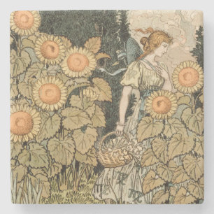 Zonnebloem Art Nouveau Tuin Grasset Vrouw Stenen Onderzetter