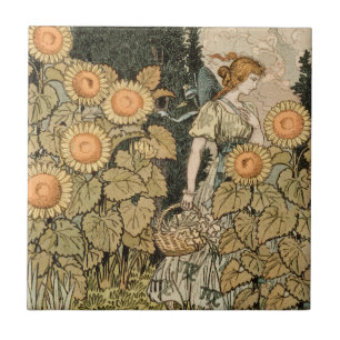 Zonnebloem Art Nouveau Tuin Grasset Vrouw Tegeltje