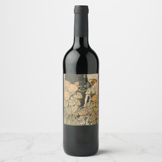 Zonnebloem Art Nouveau Tuin Grasset Vrouw Wijn Etiket (Voorkant)