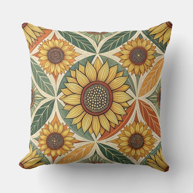 Zonnebloem & blad patroon | op natuur geïnspireerd kussen (Voorkant)