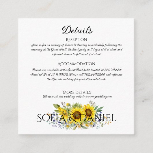Zonnebloem blauw wilde bloem bruiloft wit informatiekaartje (Voorkant)