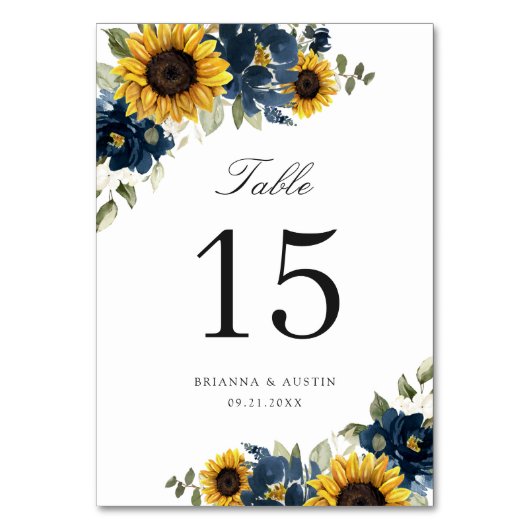 Zonnebloem Blauwe Floral Rustic Table Number Kaart (Achterkant)