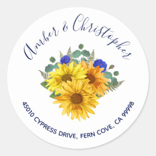 Zonnebloem Blauwe Rozen Bruiloft Adres Envelop Afd Ronde Sticker