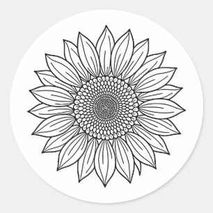 Zonnebloem Bloem Illustratie Lijnkunst Ronde Sticker