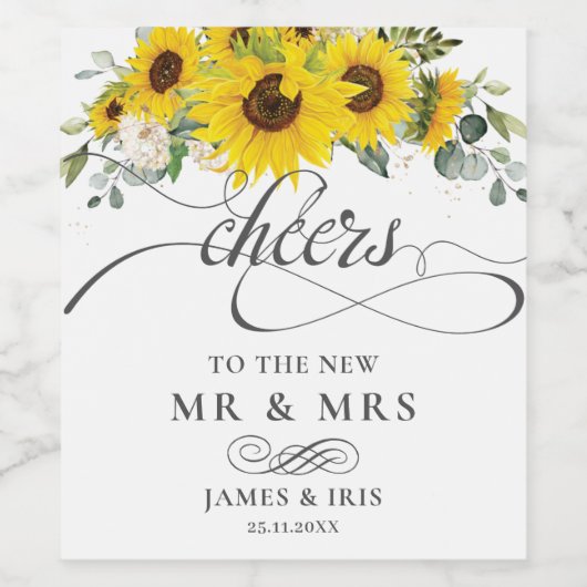 Zonnebloem Bloemen Bruiloft Verjaardag Jubileum Wijn Etiket (Enkel label)