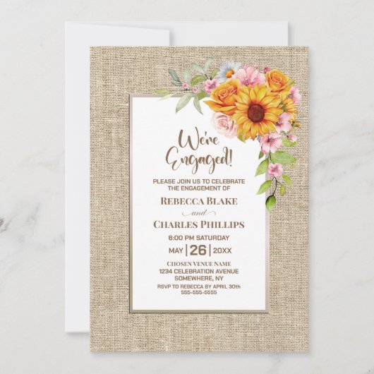Zonnebloem Bloemen Burlap Verlovingsfeest Kaart (Voorkant)