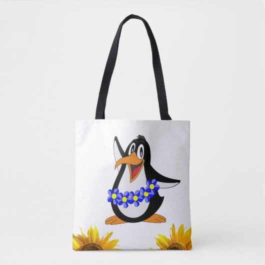 Zonnebloem Bloemen Pinguïn Canvas tas (Voorkant)