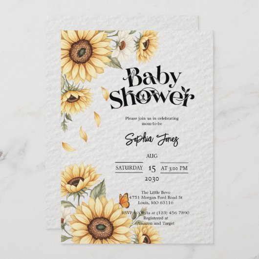 Zonnebloem Bloemen Rustiek Baby shower Uitnodiging (Voorkant / Achterkant)