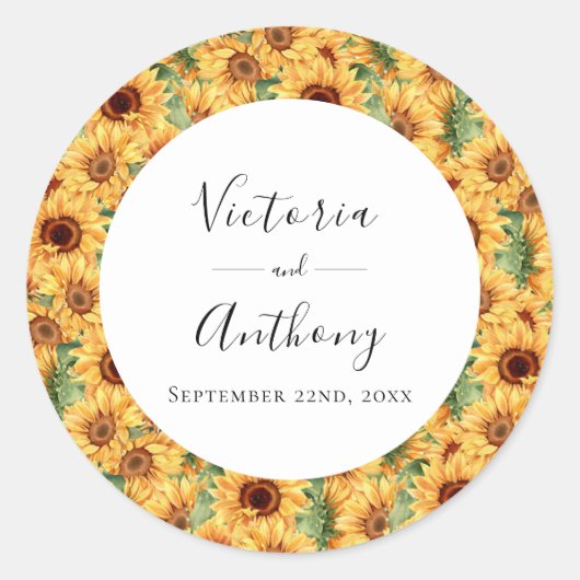 Zonnebloem Bloemen Waterverf Bruiloft Ronde Sticker (Voorkant)