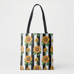 Zonnebloem Bloemen Zwart Witte Strepen Draagtas
