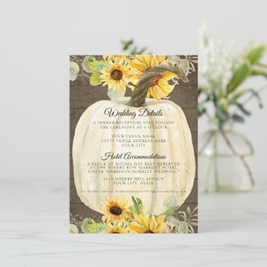 Zonnebloem Bloemige Herfst Pompoen Trouwdetails Informatiekaartje (Staand voorkant)
