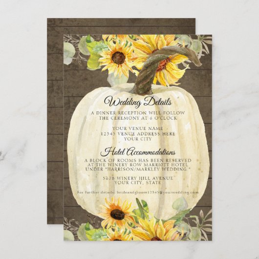 Zonnebloem Bloemige Herfst Pompoen Trouwdetails Informatiekaartje (Voorkant / Achterkant)