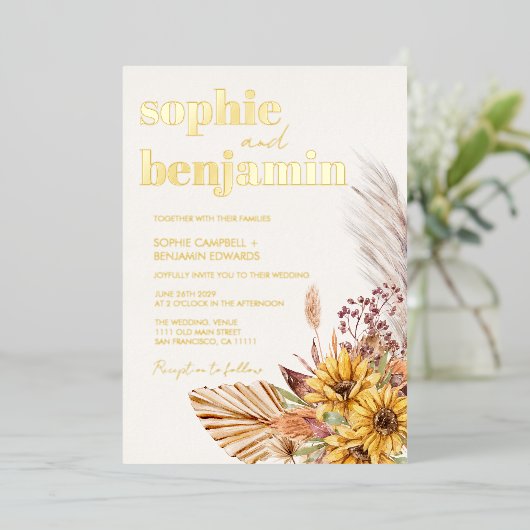 Zonnebloem Boho Pampas Dried Flowers Weddenschap G Folie Uitnodiging (Staand Voorkant)