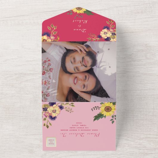 Zonnebloem Boho Roze bruiloft All In One Uitnodiging (Buitenkant)